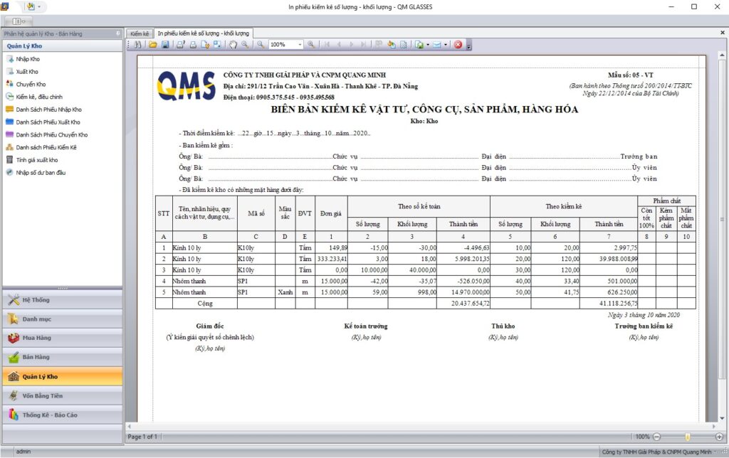 Phần mềm quản lý của hàng nhôm kính QmSoft