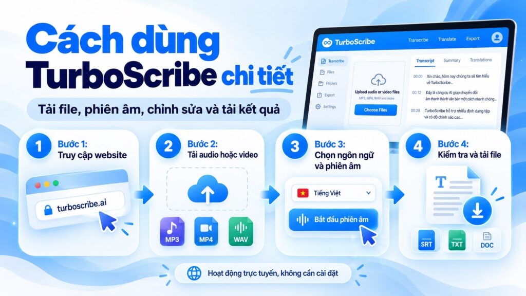 Hướng dẫn sử dụng và TurboScribe download chi tiết